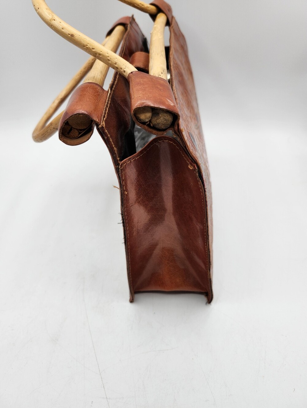 Hand-Tooled Handpainted Vintage Floral Leather Satchel with Wood  Handle  Brown - Picture 6 of 10